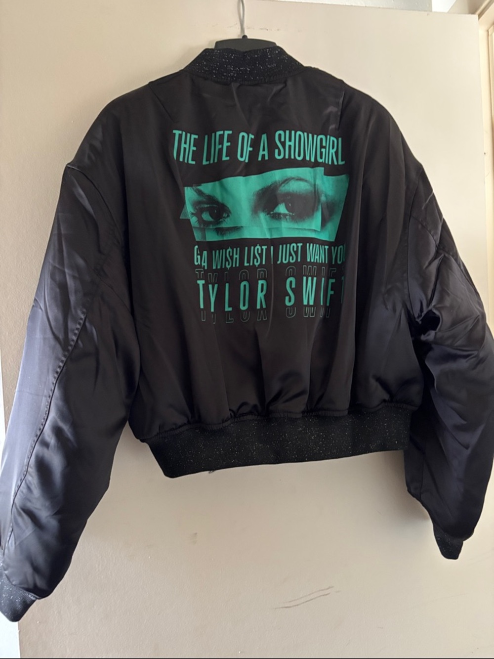 Taylor Swift Black Bomber Jacket with Teal Graphic Back